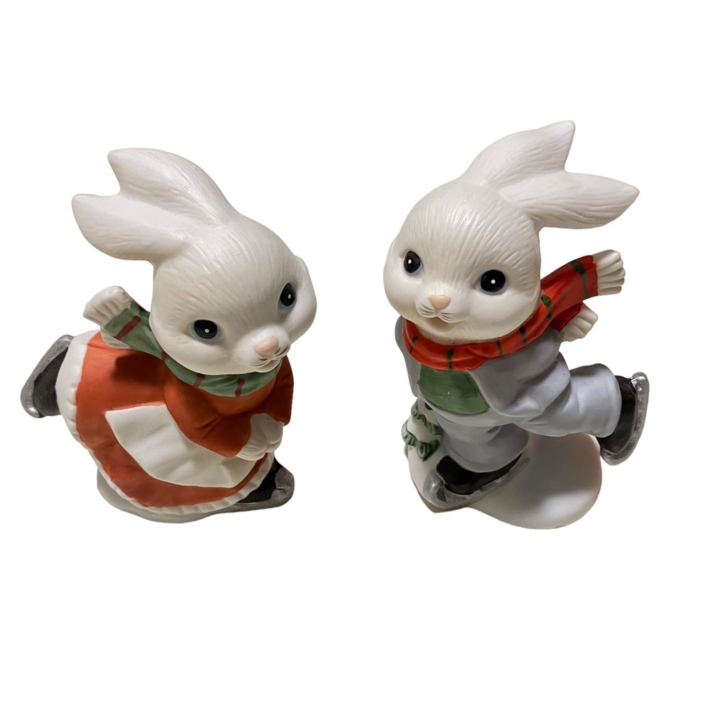 Vintage Homco Figurines Bunny Rabbit Boy Girl Ice Skating Winter  Christmas 5305